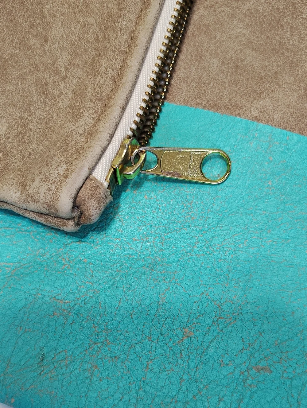 American Apparel Upcycled Leather Clutch Beige and Turquoise Zip Pouch
